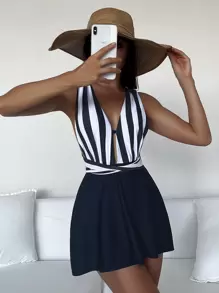 SHEIN Swim Summer Striped Crisscross Knot Plunging One Piece Swimwear - Black and White - View 1