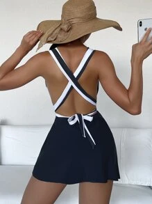 SHEIN Swim Summer Striped Crisscross Knot Plunging One Piece Swimwear - Black and White - View 2