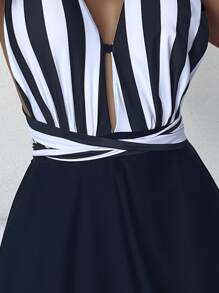 SHEIN Swim Summer Striped Crisscross Knot Plunging One Piece Swimwear - Black and White - View 4