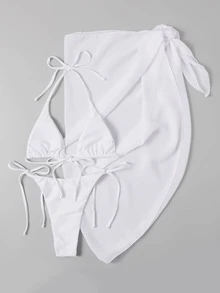 3packs Thong Bikini Set & Cover Up, For Summer Beach Vacation - White - View 2