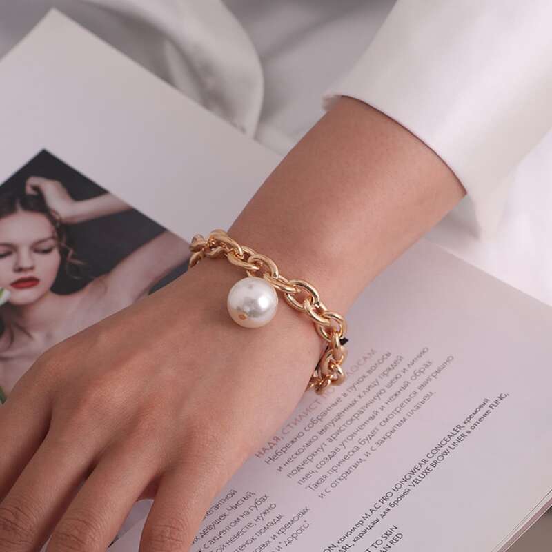 

Faux Pearl Decor Chain Bracelet, Gold