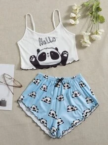 Panda And Letter Graphic Lettuce Trim PJ Set / Pajama Set - Multicolor - View 1