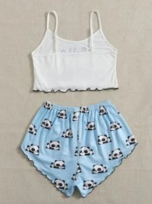 Panda And Letter Graphic Lettuce Trim PJ Set / Pajama Set - Multicolor - View 2