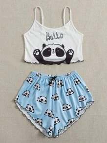 Panda And Letter Graphic Lettuce Trim PJ Set / Pajama Set - Multicolor - View 3