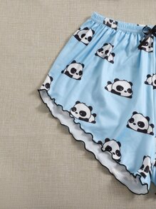 Panda And Letter Graphic Lettuce Trim PJ Set / Pajama Set - Multicolor - View 4