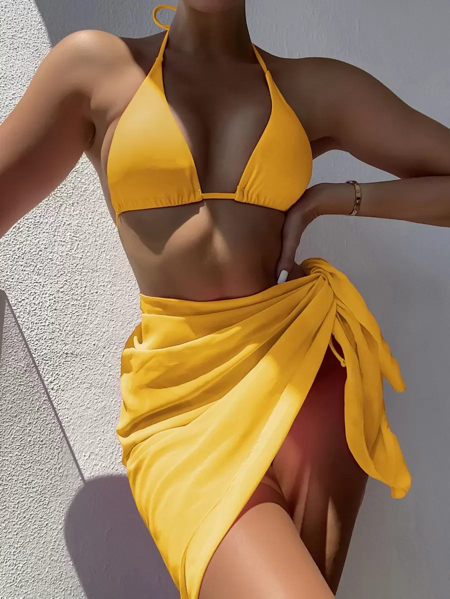 SHEIN Swim Summer Beach 3packs Triangle Bikini Set With Beach Skirt - Yellow - View 1