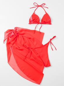 Triangle Tie Side Bikini Set With Beach Skirt, For Summer Vacation - Red - View 2