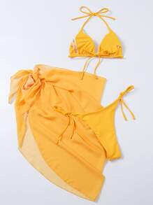SHEIN Swim Summer Beach 3packs Triangle Bikini Set With Beach Skirt - Yellow - View 2