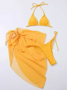 SHEIN Swim Summer Beach 3packs Triangle Bikini Set With Beach Skirt - Yellow - View 3