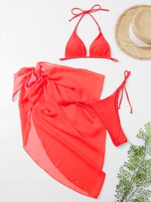 Triangle Tie Side Bikini Set With Beach Skirt, For Summer Vacation - Red - View 4