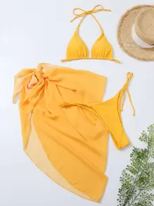 SHEIN Swim Summer Beach 3packs Triangle Bikini Set With Beach Skirt - Yellow - View 4