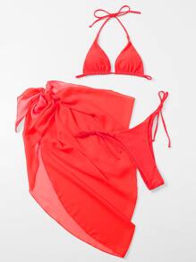 Triangle Tie Side Bikini Set With Beach Skirt, For Summer Vacation - Red - View 6