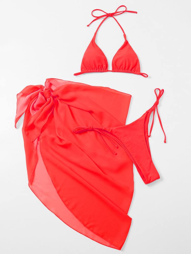 Triangle Tie Side Bikini Set With Beach Skirt, For Summer Vacation - Red - View 6