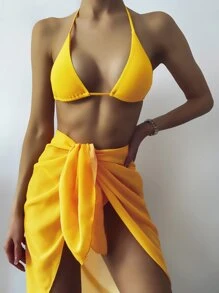 SHEIN Swim Summer Beach 3packs Triangle Bikini Set With Beach Skirt - Yellow - View 7