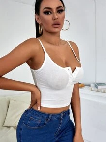 SHEIN VaVaLuxe Half Button Crop Cami Top - White - View 4