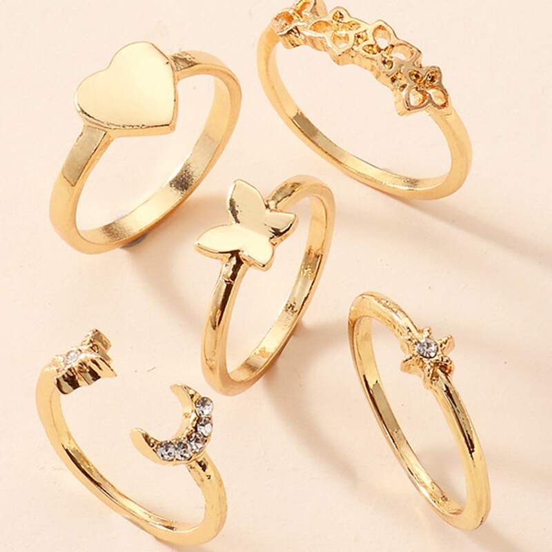 

5pcs Heart & Butterfly Decor Ring, Gold