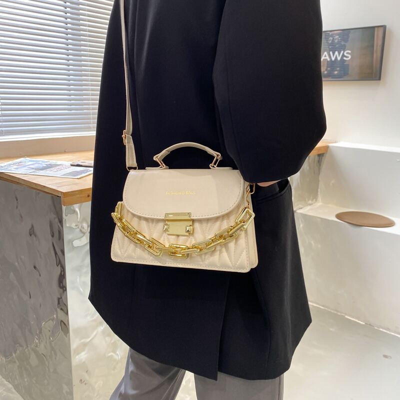 

Quilted Flap Satchel Bag, Beige
