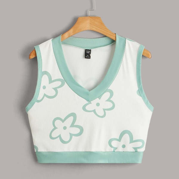 

Plus Floral Pattern V-neck Tank Top, White