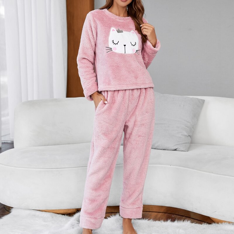 

Cat Embroidery Teddy PJ Set, Baby pink