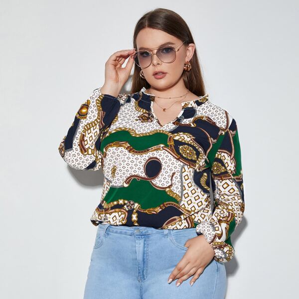 

Plus Chain Print Notched Neck Blouse, Multicolor