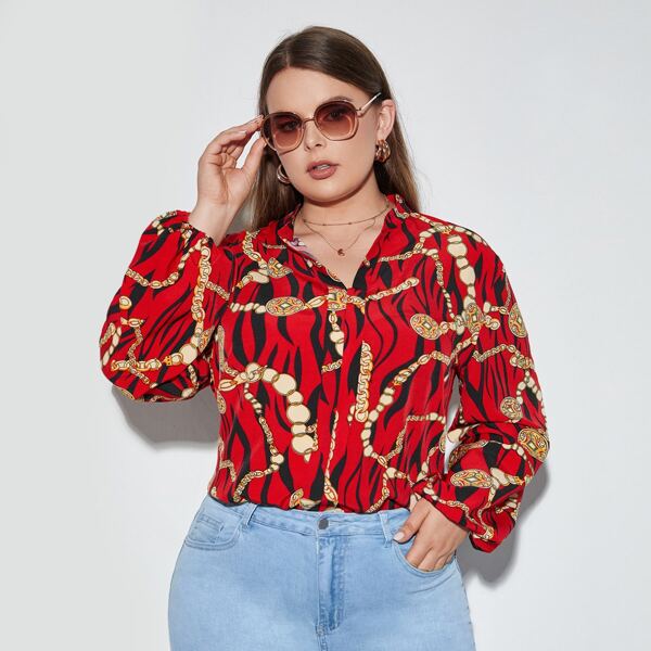 

Plus Chain And Zebra Stripe Print Blouse, Red