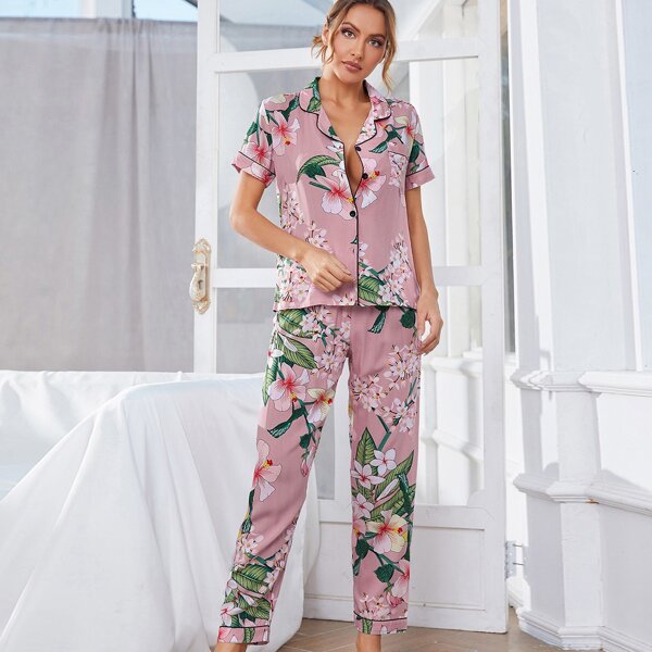 

Floral Print Contrast Binding Lapel Collar PJ Set, Dusty pink