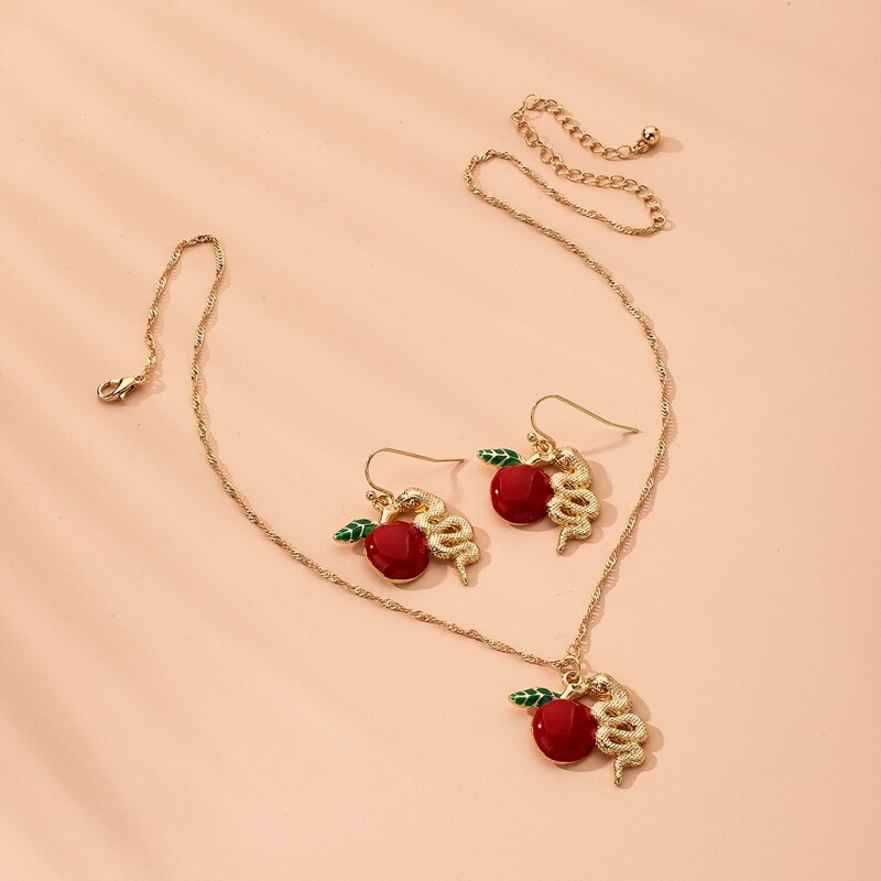 

1pc Apple Decor Chain Necklace & 2pcs Earrings, Multicolor