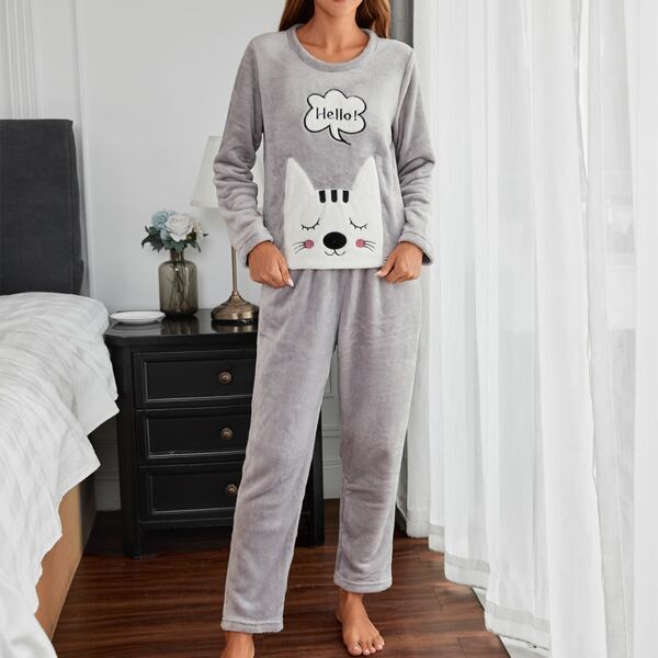 

Cat And Letter Embroidery Teddy PJ Set, Grey