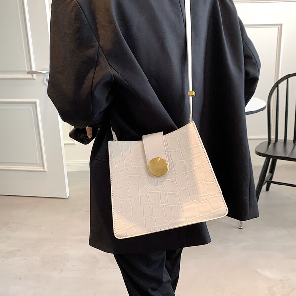 

Minimalist Croc Embossed Shoulder Bag, White