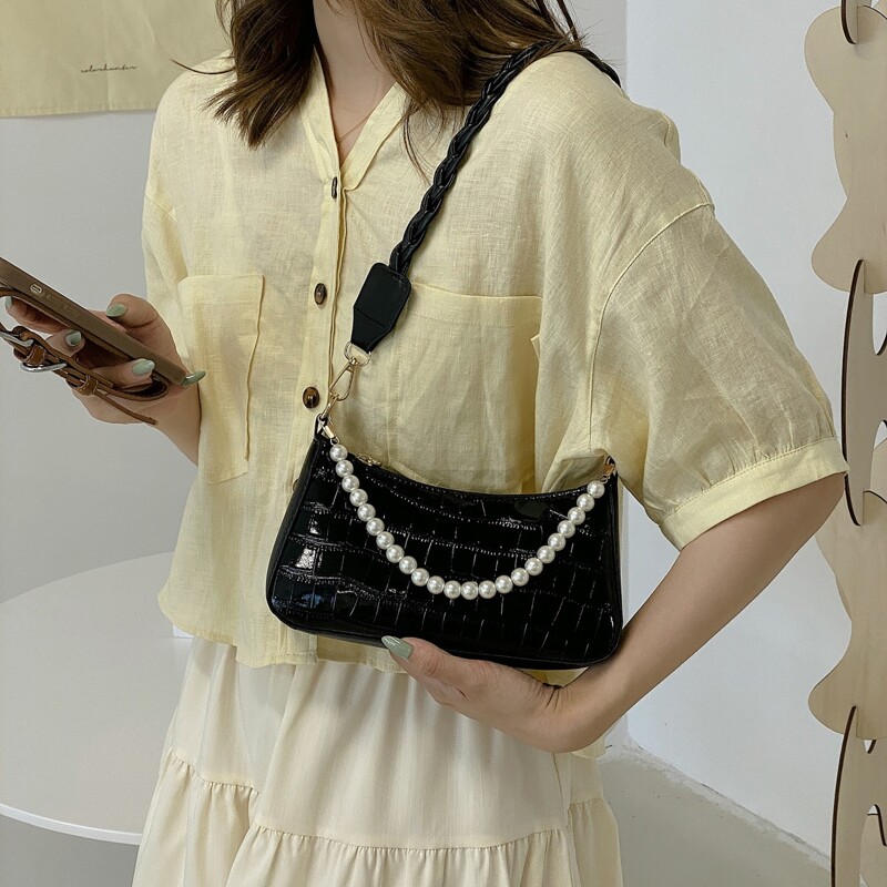 

Croc Embossed Faux Pearl Decor Baguette Bag, Black