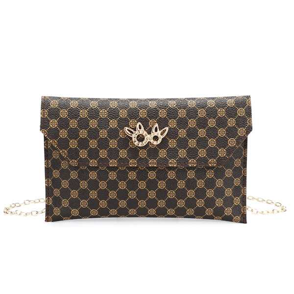

Graphic Print Metal Decor Chain Crossbody Bag, Brown