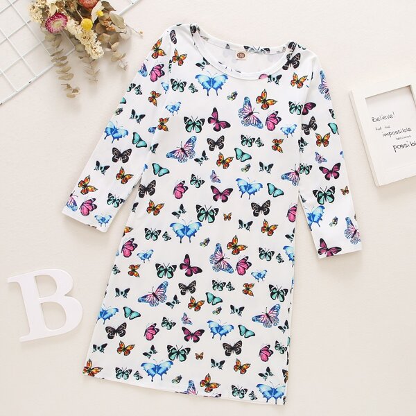 

Toddler Girls Butterfly Print Tee Dress, White