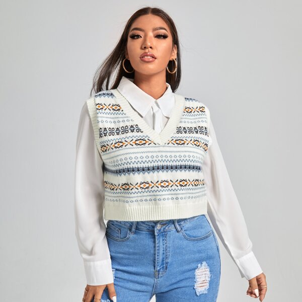 

Plus Geo Pattern Sweater Vest Without Blouse, White