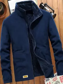 Manfinity Homme Men's Teddy Lined Patchwork Loose Fleece Jacket, Plain, Husband, Long Sleeve, Work, Thin Jacket - Navy Blue - View 1