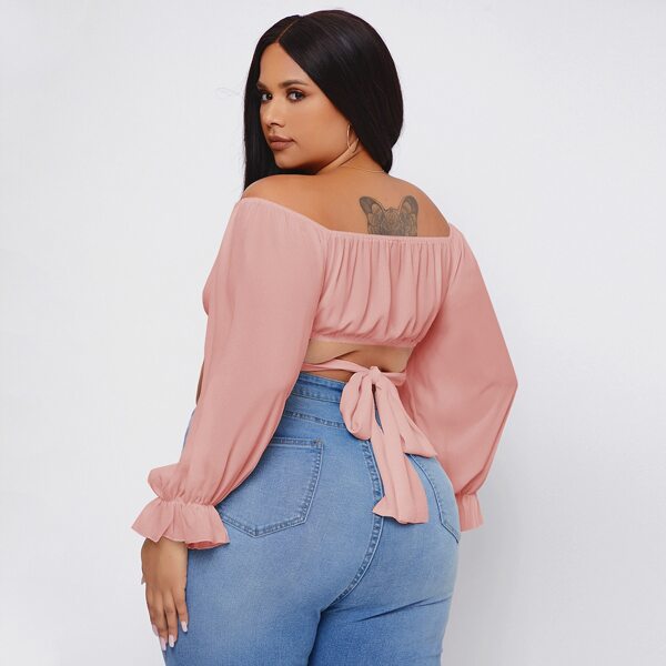 

Plus Off Shoulder Flounce Sleeve Blouse, Pink