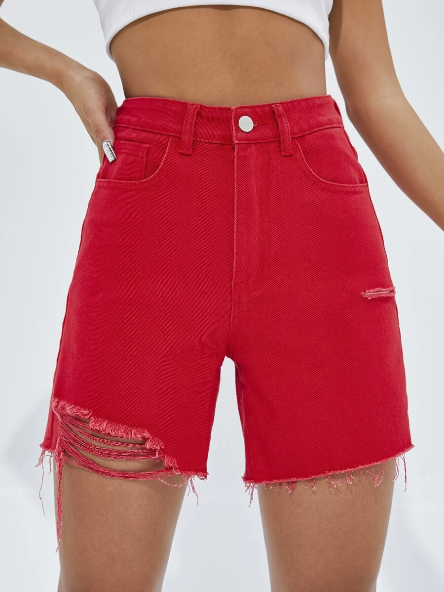 High Waist Ripped Raw Hem Denim Shorts - Red - View 1