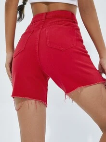 High Waist Ripped Raw Hem Denim Shorts - Red - View 2