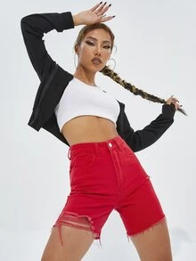 High Waist Ripped Raw Hem Denim Shorts - Red - View 4