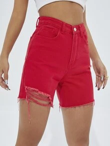 High Waist Ripped Raw Hem Denim Shorts - Red - View 5