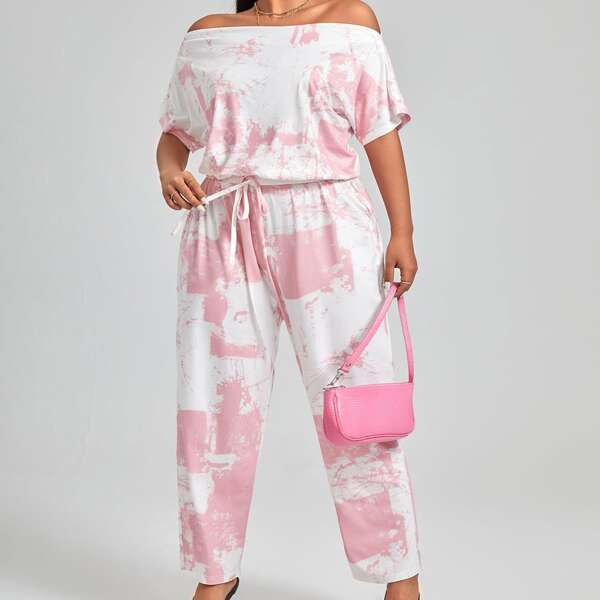 

Plus Tie Dye Tie Front Bardot Jumpsuit, Pink
