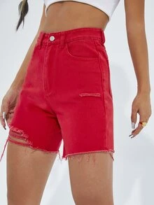 High Waist Ripped Raw Hem Denim Shorts - Red - View 6