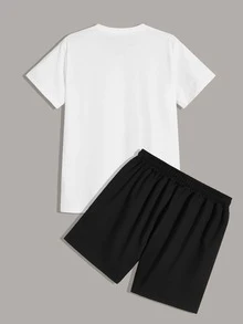 Manfinity Campus Court Aesthetic Post--Men Letter Graphic Tee & Drawstring Waist Shorts - Black and White - View 2