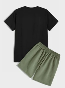 Manfinity Campus Court Aesthetic Post--Men Letter Graphic Tee & Drawstring Waist Shorts - Multicolor - View 2