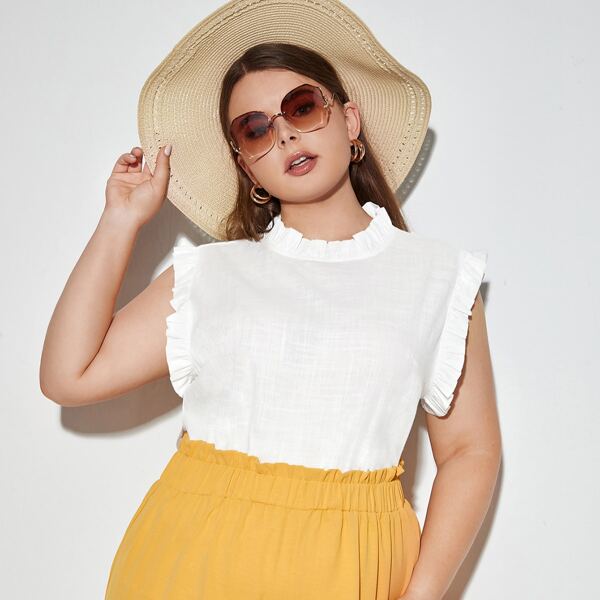

Plus Ruffle Trim Solid Blouse, White