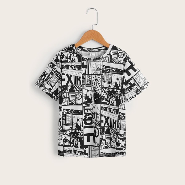 

Boys Pop Art Print Tee, Black and white