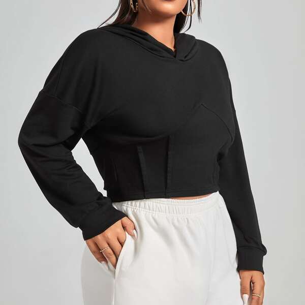 

Plus Solid Drop Shoulder Crop Hoodie, Black