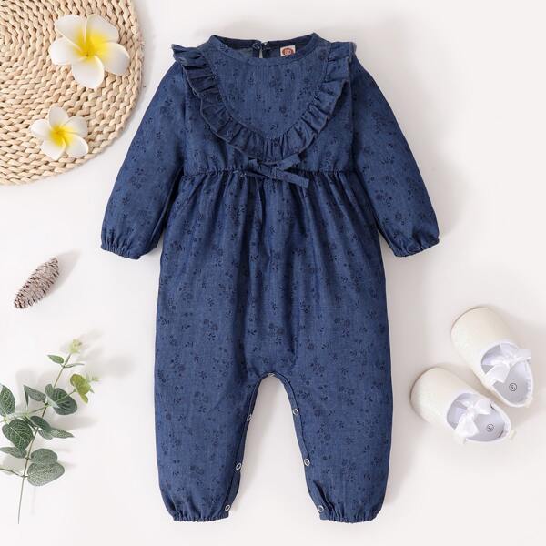 

Baby Girl Ditsy Floral Print Ruffle Trim Bow Front Jumpsuit, Blue