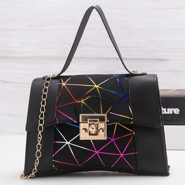 

Geometric Graphic Twist Lock Chain Satchel Bag, Black