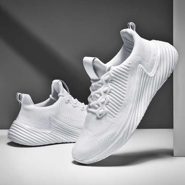 

Men Minimalist Lace Up Decor Knit Running Shoes, White