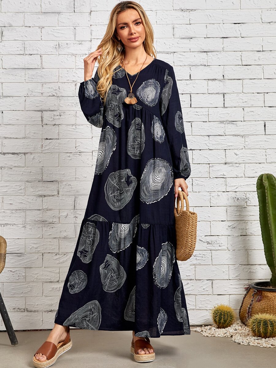 EMERY ROSE Annual Ring Print Lantern Sleeve Dress - Multicolor - View 1